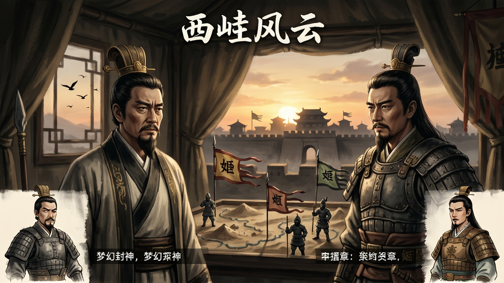主体:展示《梦幻封神》的剧情对话场景,姜子牙与姬发在营帐中议事,背景是夕阳下的西岐城。布局:画面采用电影式构图,前景为两位角色半身像,中景为军事沙盘,远景为城池剪影。排版:对话字幕在画面下方,角色立绘在两侧,上方的章节标题为“西岐风云”。风格:写实国风水墨画,色彩沉稳,光影柔和,突出历史厚重感。细节:角色表情严肃,沙盘上有旗帜与兵俑,窗外有飞鸟掠过。画质:4K分辨率,画面干净,无多余元素。