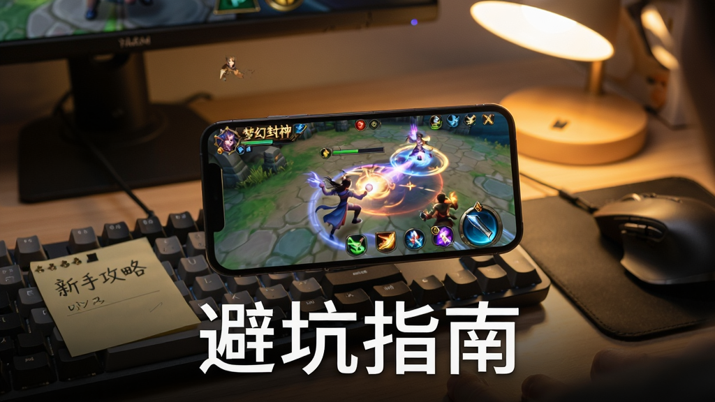 主体:展示玩家在手机上游玩《梦幻封神》的场景,手机屏幕显示游戏战斗画面,背景是书桌与台灯。布局:画面中央是手机特写,屏幕中游戏角色释放技能,手机周围有键盘、鼠标等外设。排版:画面下方有“避坑指南”字样,字体为简洁的现代字体。风格:写实摄影风格,光线温暖,细节丰富。细节:手机屏幕上的游戏画面清晰,键盘上放着“新手攻略”便签,台灯散发出柔和光晕。画质:高清,画面干净,无多余元素。
