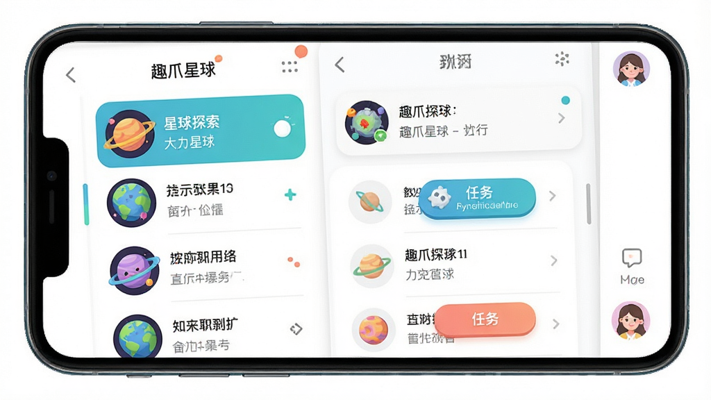 一张展示趣爪星球应用主界面的高清截图,主体为手机屏幕中的星球探索页面,布局采用左右分栏设计,左侧是星球列表,右侧是互动动态区域,整体风格清新活泼,色彩明亮,细节包含星球图标、任务按钮和用户头像,画质清晰干净,无多余元素
