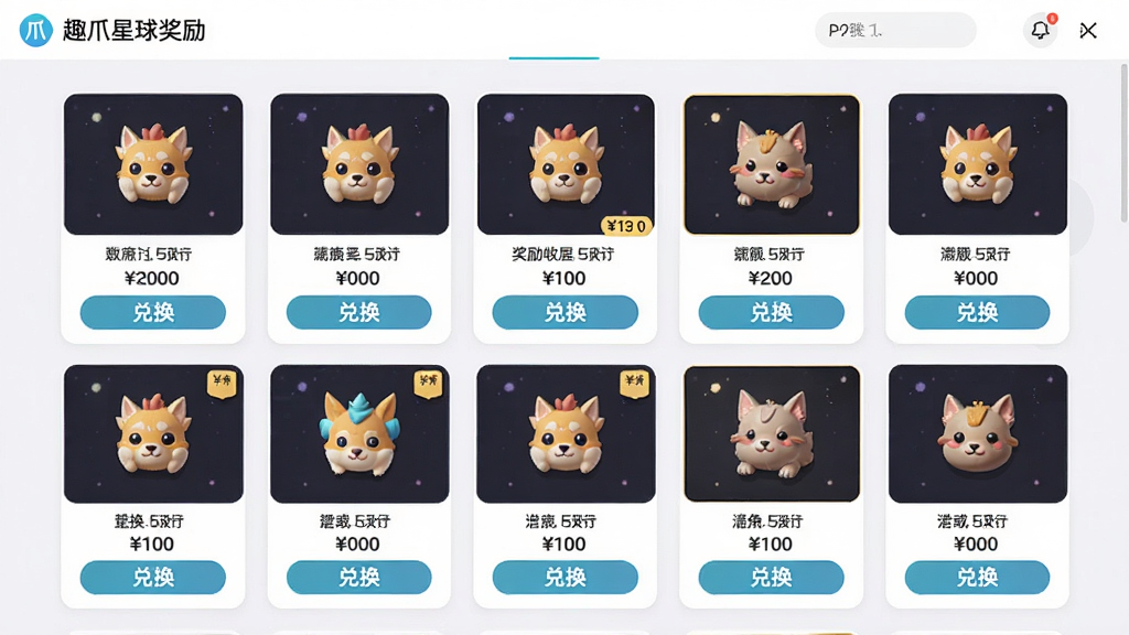一张展示趣爪星球奖励兑换商城的界面设计图,主体为商城商品陈列页面,布局采用网格排列,排版整齐,风格简约明亮,细节包含商品卡片、价格标签和兑换按钮,画质高清干净,无多余元素