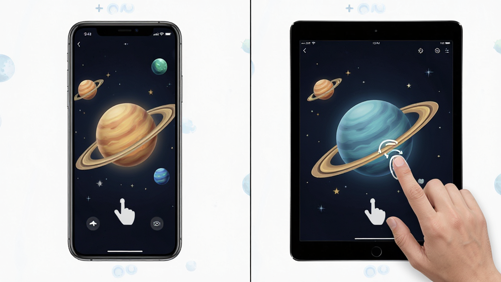一张展示趣爪星球在手机和平板上运行效果对比图,主体为左右分屏显示不同设备界面,布局对称,风格写实,细节包含手机和平板的屏幕画面、操作手势提示,画质清晰干净,无多余元素