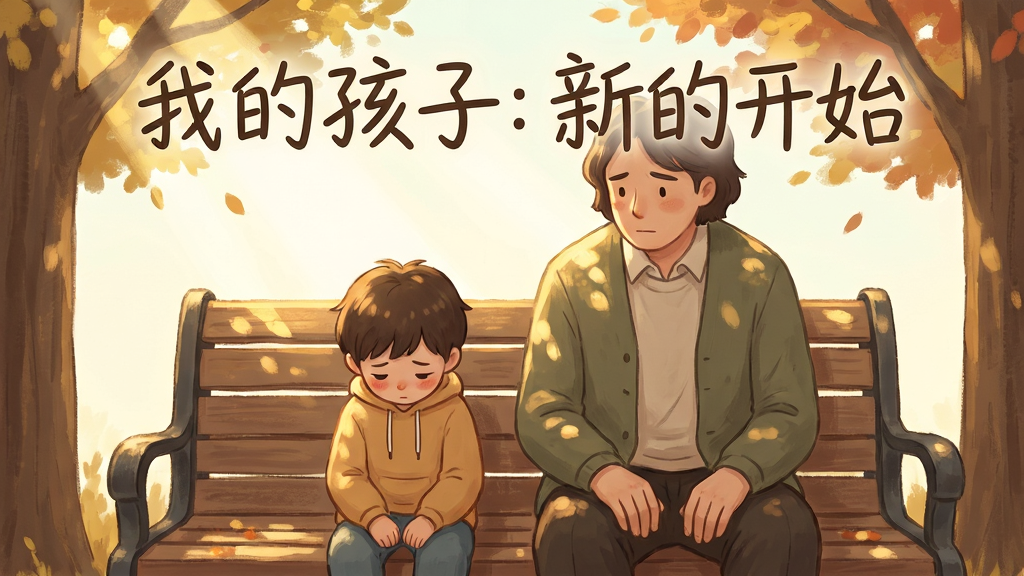 画面中央是一位成年人与一个低着头的小孩并肩坐在公园长椅上,秋日暖阳透过树叶洒下斑驳光影,氛围宁静而略带忧伤。游戏标题“我的孩子: 新的开始”以柔和的手写体置于画面上方。整体为治愈系手绘插画风格,色彩温暖柔和,细节丰富,强调人物微妙的肢体语言与情感流露。高分辨率,干净,无多余元素。
