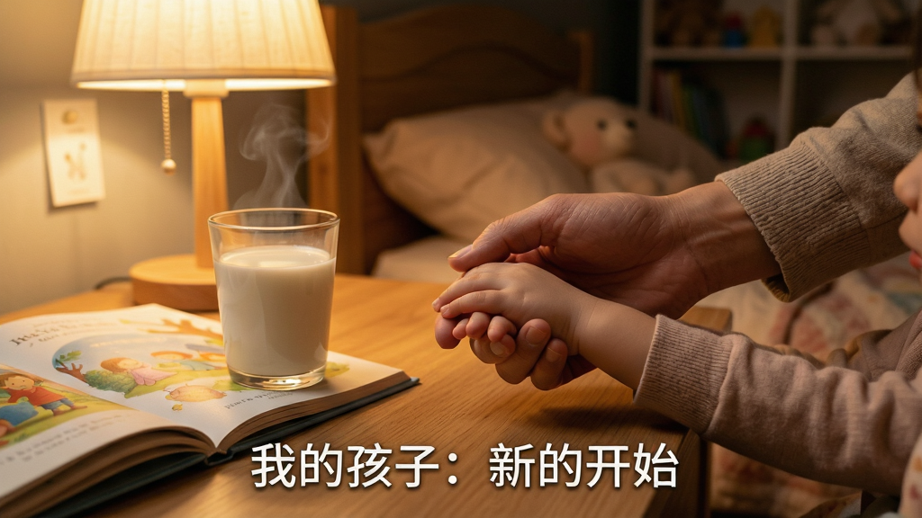一双成年人的手轻轻握住一双小孩的手,桌上放着一杯热牛奶和一本打开的童话书。背景是温馨的卧室,台灯散发暖光。画面采用特写镜头,风格写实温馨,突出“陪伴与治愈”的主题。图片中央下方有“我的孩子: 新的开始”字样。高分辨率,质感细腻,无多余元素。