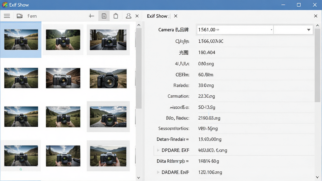 Exif Show软件主界面展示,左侧为图片列表缩略图,右侧显示详细的EXIF参数面板,包含相机品牌、型号、光圈、快门、ISO、焦距、拍摄日期等条目,整体布局清晰,现代扁平化设计风格,浅色背景,界面干净整洁,无多余元素,高画质,软件名称“Exif Show”显示在顶部标题栏。