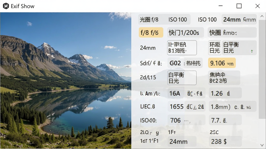 Exif Show软件截图,展示一张风景照片的EXIF信息列表,参数包括“光圈f/8”、“快门1/200s”、“ISO100”、“焦距24mm”、“白平衡日光”等,数据排列整齐,高亮显示关键数值,界面风格简约清晰,突出“Exif Show”软件名称,画质干净,无多余元素。