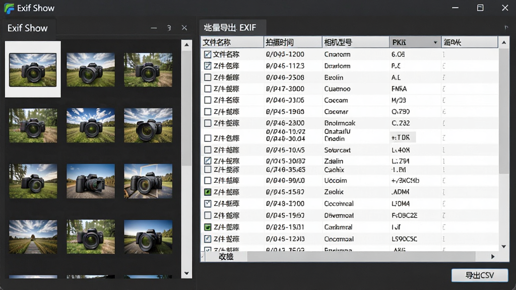 Exif Show软件批量处理界面,左侧为多张图片缩略图列表,右侧为批量导出的EXIF数据表格,包含文件名、拍摄时间、相机型号等列,下方有“导出CSV”按钮,界面专业整洁,带有“Exif Show”标识,高画质。