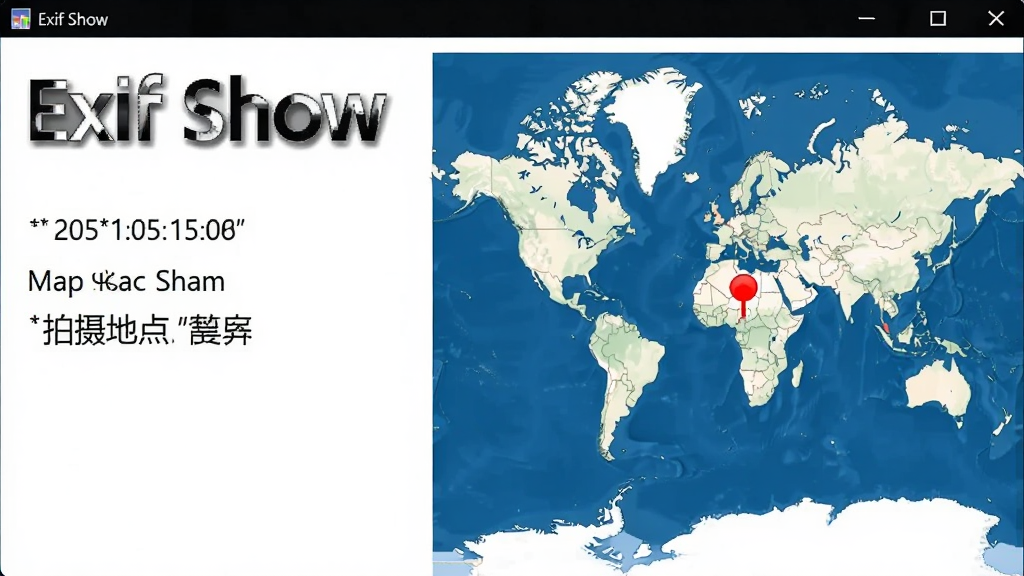 Exif Show软件地图展示界面,右侧显示一张世界地图,地图上有一个红色标记点,左侧显示经纬度坐标和拍摄地点名称,界面简洁,突出“Exif Show”软件名,画质清晰,无多余元素。