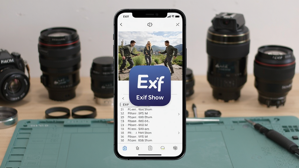 Exif Show软件在手机上的使用场景,手机屏幕显示图片及EXIF信息列表,背景为摄影工作台,有相机镜头等元素,构图整洁,突出“Exif Show”应用图标,高画质,无多余元素。