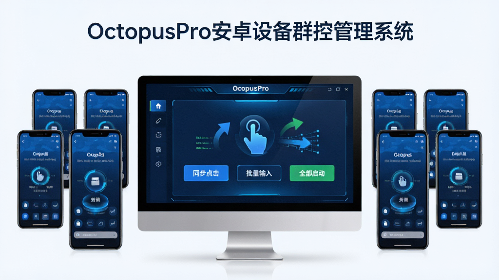 界面展示“OctopusPro安卓设备群控管理系统”的批量操作功能,画面为多台手机屏幕同步显示相同APP界面,中间一台主控电脑,操作面板上有“同步点击”、“批量输入”、“全部启动”按钮,蓝色科技风格,布局清晰,细节有数据同步动画,画质干净