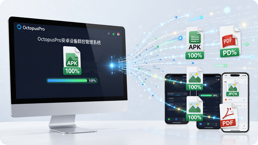 展示“OctopusPro安卓设备群控管理系统”的文件分发功能,画面中一台电脑向多台手机发送文件,文件图标带有“APK”、“JPG”、“PDF”标签,传输进度条显示100%,背景有数据流线条,明亮简洁风格,画质干净