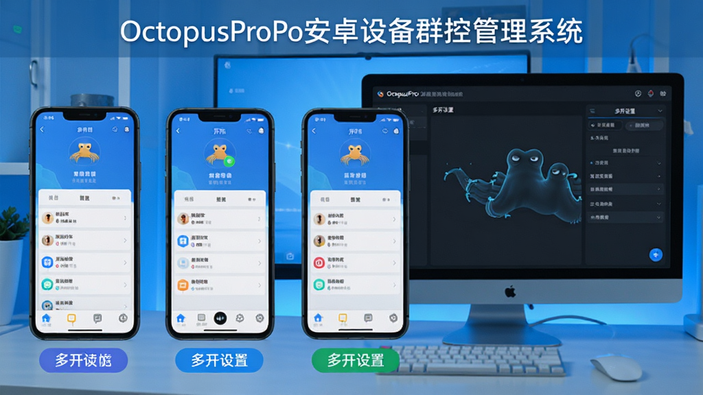展示“OctopusPro安卓设备群控管理系统”的应用多开功能,画面为多台手机屏幕上显示同一个APP的多个不同账号界面,每台手机底部有独立标签,电脑控制台有“多开设置”面板,整体明亮色调,布局整齐,细节有账号标识,画质清晰