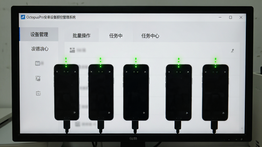 电脑屏幕显示“OctopusPro安卓设备群控管理系统”的操作界面,画面中多台手机连接正常,绿色指示灯亮起,主界面有“设备管理”、“批量操作”、“任务中心”菜单,背景为浅灰色,布局清晰,画质干净