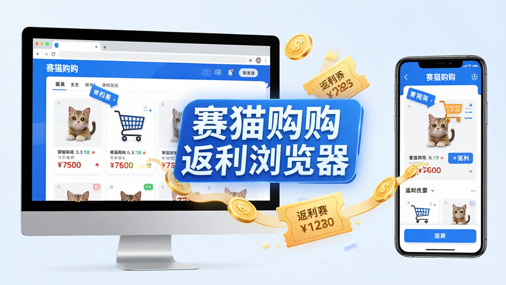 主体:赛猫购购返利浏览器主界面展示,电脑屏幕与手机屏幕并排显示。布局:左侧电脑屏幕展示浏览器界面,右侧手机屏幕展示移动端界面,中间以金币和优惠券元素连接。排版:画面中心突出“赛猫购购返利浏览器”文字标识,两侧屏幕环绕。风格:现代科技感,明亮通透,色彩以蓝白为主色调。细节:界面内显示商品图片、价格标签和返利金额数字,金币从屏幕流向购物车。画质:高清渲染,干净,无多余元素。
