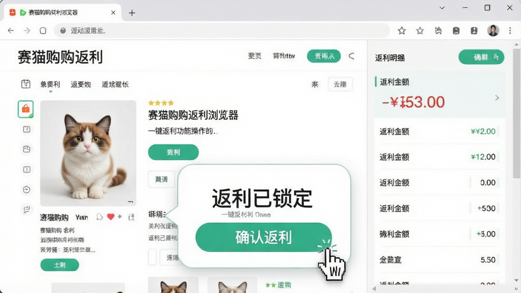 主体:赛猫购购返利浏览器一键返利功能操作界面。布局:画面中央为一个打开的电商网站,下方悬浮着返利提示气泡,气泡上显示“返利已锁定”字样。排版:左侧为商品详情页,右侧为返利金额明细列表。风格:简约清新,浅色背景,重点突出返利金额数字。细节:气泡上有一个明显的“确认返利”按钮,鼠标指针点击操作。画质:清晰流畅,干净,无多余元素。