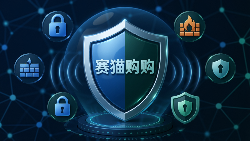 主体:赛猫购购返利浏览器安全防护功能概念图。布局:画面中心为一个盾牌图标,盾牌上刻有“赛猫购购”字样,周围环绕着锁头、防火墙和隐私保护标识。排版:盾牌位于中央,四周分布着各类安全图标。风格:科技蓝与墨绿搭配,沉稳专业。细节:盾牌表面有光泽,防护罩波纹扩散,背景为网络节点。画质:高精度渲染,干净,无多余元素。