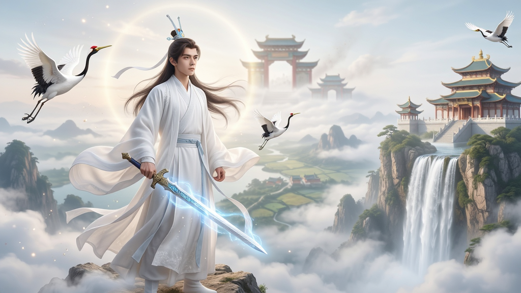 主体:一位身穿白色仙袍、手持神剑的年轻仙尊,站在云雾缭绕的山巅,远眺六界山河;布局:人物居中偏左,右侧留白展现壮丽仙宫与飞流瀑布;排版:画面层次分明,前景人物清晰,中景仙鹤飞过,远景若隐若现的天门;风格:唯美古风,色彩淡雅,光线柔和,带有梦幻光晕;细节:衣袂飘飘,发丝微动,剑身泛着灵光,周围有细小的仙尘粒子;画质:8K超高清,细腻皮肤纹理,干净背景,无多余元素