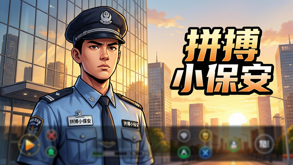 主体:一位身穿保安制服、眼神坚毅的年轻男子站在繁华都市的写字楼前,背景是落日余晖下的高楼大厦。布局:人物居中偏左,右侧留白给游戏标题“拼搏小保安”字样的艺术字排版。排版:画面下方三分之一处为游戏操作界面UI的模糊预览。风格:现代都市写实风格结合漫画渲染,色彩明亮,对比强烈。细节:保安制服整洁,胸前的工牌上写有“拼搏小保安”,背景的玻璃幕墙反射出夕阳的金光。画质:4K高清,干净,无多余元素。