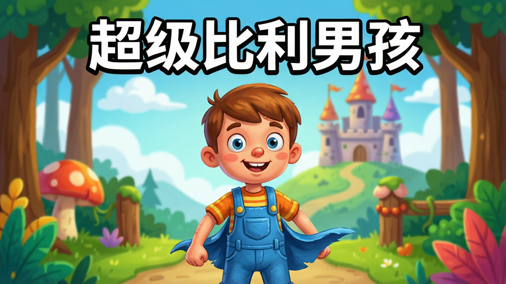 超级比利男孩游戏主视觉图,主体是身穿蓝色背带裤的卡通男孩比利,站在色彩鲜艳的森林关卡起点,背景有城堡和云朵,布局以人物为中心,左右对称,排版简洁明快,风格为手绘卡通渲染,细节包括角色生动的表情和飘动的衣角,画质高清干净,无多余元素,画面中醒目显示游戏名称“超级比利男孩”