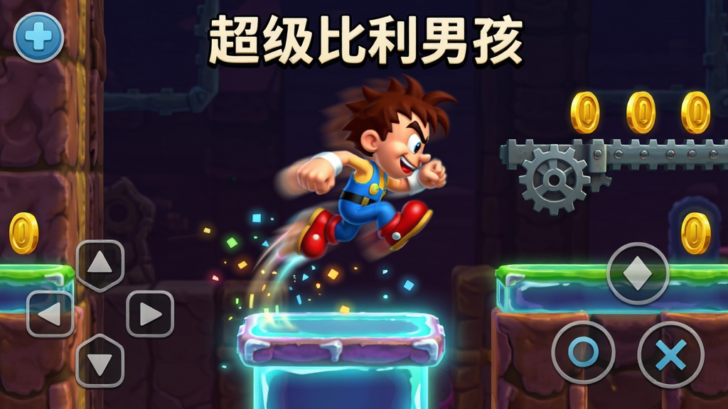 超级比利男孩游戏操作界面预览图,主体是游戏角色比利在关卡中跳跃的动作瞬间,脚下是发光的平台,前方有齿轮机关和金币,布局采用横版视角,突出角色动态,排版清晰展示虚拟按键位置,风格为明亮卡通风格,细节包括角色跳跃时的动态模糊和粒子特效,画质清晰流畅,无多余元素,画面中显示“超级比利男孩”字样