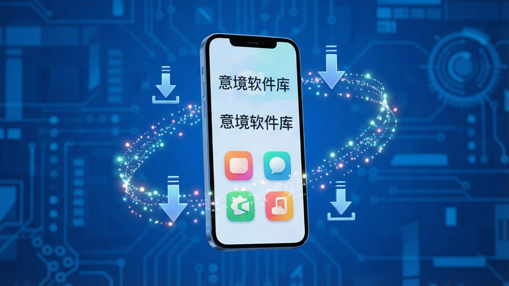 一幅现代感十足的3D渲染主视觉图,主体是悬浮在蓝色科技背景中央的智能手机,屏幕中展示着“意境软件库”字样和多彩的应用图标,周围环绕着流动的光点与代表下载的箭头符号,布局居中,排版大气,风格简洁明亮,细节丰富,画质高清干净,无多余元素