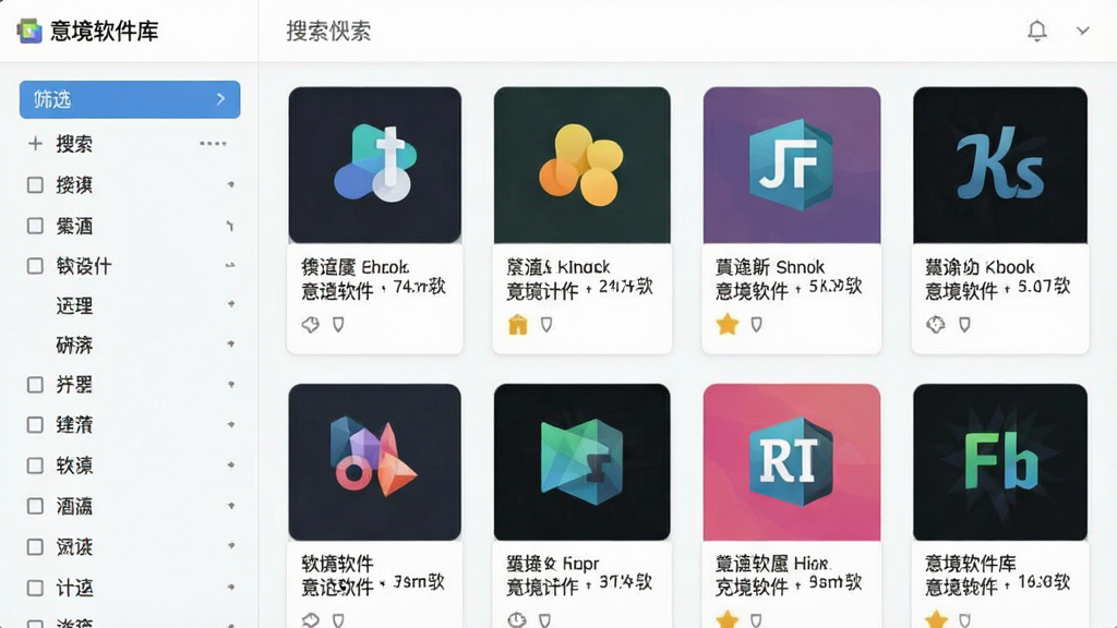 一张界面截图风格的概念图,主体是“意境软件库”应用内的搜索结果页面,左侧为分类筛选栏,右侧整齐排列着各个软件图标与简介卡片,布局清晰,排版规整,风格扁平化,细节展示出丰富的资源列表,画质干净,无多余元素