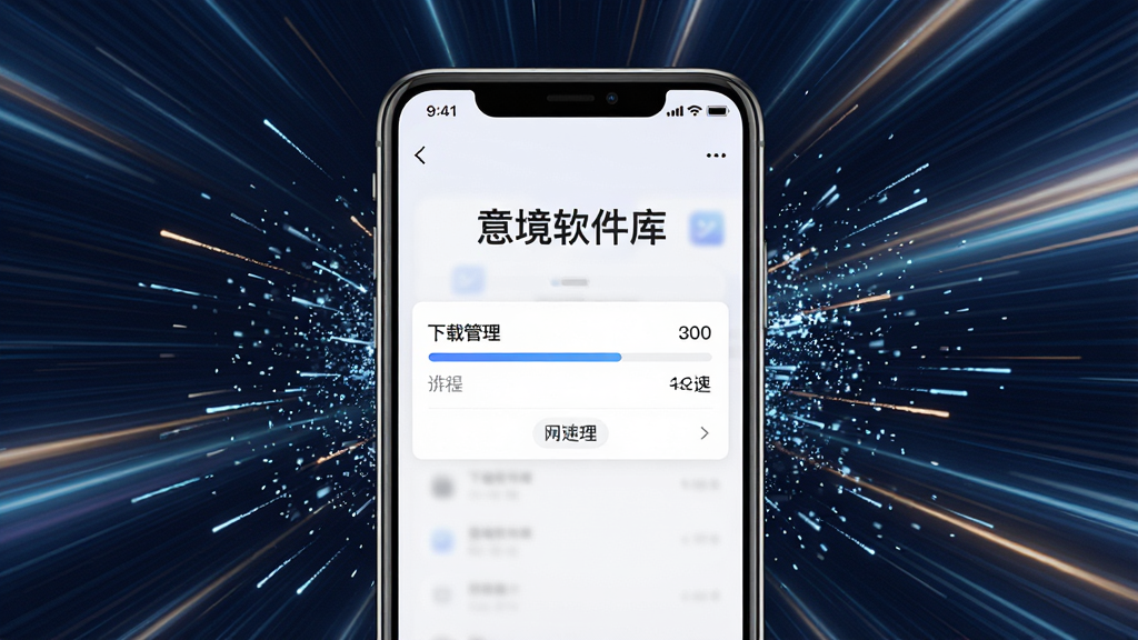一张动态效果图,主体是手机屏幕上显示“意境软件库”的下载管理界面,有进度条和网速显示,背景是流动的光速线条,布局居中,排版现代,风格科技感十足,细节包括高速移动的粒子效果,画质清晰流畅,无多余元素