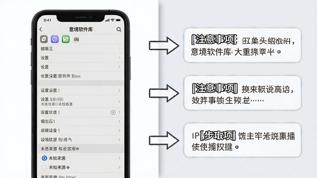 一张分步图解教程图,主体是手机屏幕展示“意境软件库”的安装步骤,旁边有箭头指向的注意事项,布局为左右分栏,排版清晰,风格为简洁的说明书样式,细节包括设置菜单中的“未知来源”选项,画质干净,无多余元素