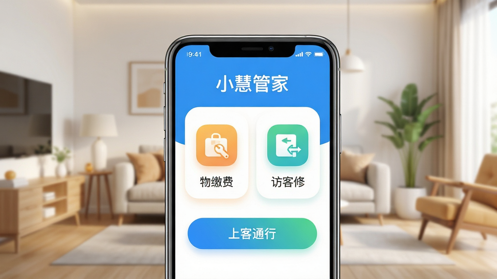 主体:小慧管家APP界面展示,手机屏幕上有“小慧管家”字样及物业缴费、报修、访客通行等图标;布局:手机居中,背景为现代简约客厅环境,画面清晰明亮;排版:手机竖屏,UI界面简洁直观;风格:科技感与温馨家居结合,色彩明快;细节:界面图标精致,按钮圆润,光线柔和;画质:高清渲染,干净无多余元素。
