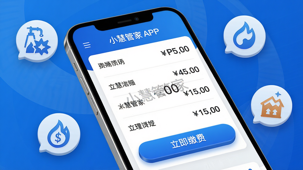 主体:小慧管家APP的缴费页面,显示各项费用明细及“立即缴费”按钮;布局:手机屏幕特写,周围有水电燃气图标环绕;排版:列表式布局,金额数字突出;风格:简洁商务风,蓝色主色调;细节:页面有“小慧管家”水印,按钮有立体感;画质:高清渲染,干净无多余元素。