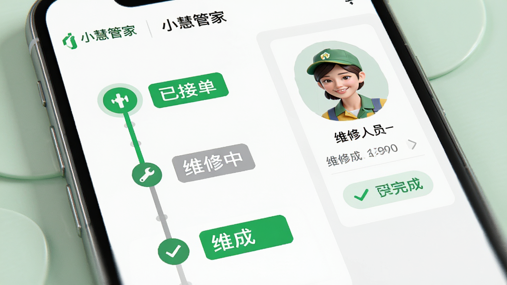 主体:小慧管家APP的报修进度页面,显示“已接单、维修中、已完成”流程;布局:手机屏幕左侧为进度时间线,右侧为维修人员信息;排版:纵向时间轴,图标清晰;风格:清新简约风,绿色与灰色搭配;细节:有“小慧管家”标识,状态标签醒目;画质:高清渲染,干净无多余元素。