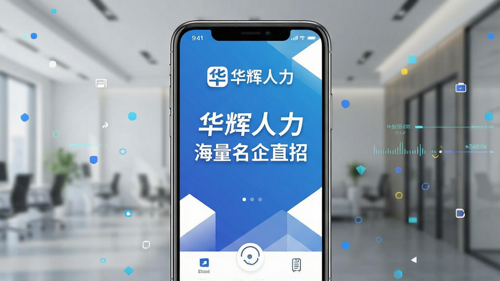 一张展示华辉人力APP核心功能的宣传海报,主体为手机屏幕界面,屏幕内显示清晰的公司Logo“华辉人力”与“海量名企直招”字样,背景为蓝色渐变与白色几何图形,布局居中,风格现代简洁,细节丰富,画质高清,干净无多余元素