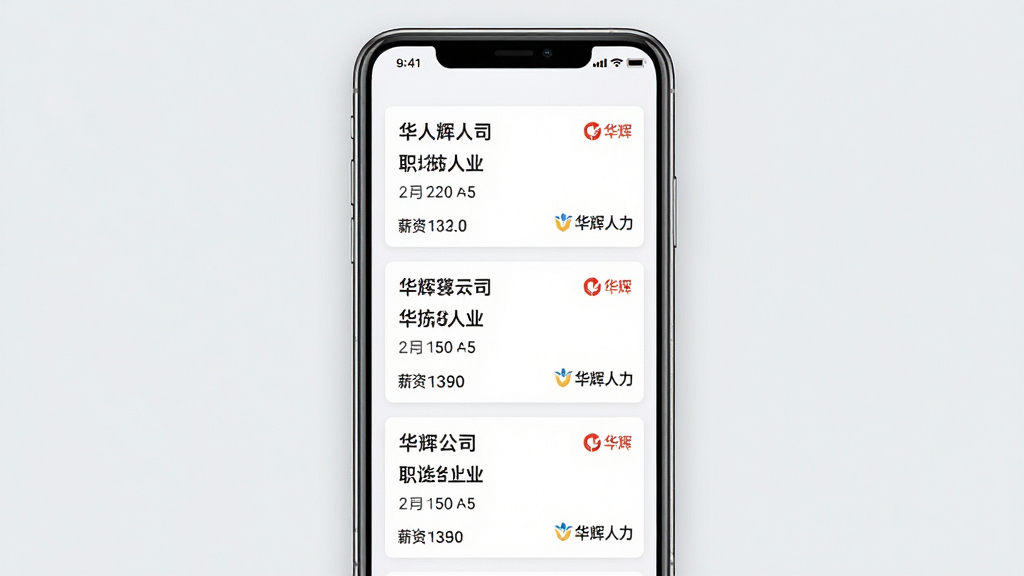 一张华辉人力APP的岗位列表界面截图,主体为手机屏幕,屏幕内整齐排列多个职位卡片,每个卡片上清晰标注公司名称、职位名称、薪资范围和“华辉人力”Logo,布局清晰,风格简洁,细节真实,画质高清,干净无多余元素