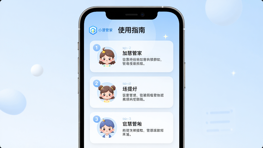 主体:手机界面展示小慧管家的“使用指南”页面,有步骤图标和提示文字;布局:手机居中,背景为淡蓝色渐变;排版:分步式卡片布局,每步有数字编号;风格:清爽教学风,图标可爱;细节:有“小慧管家”logo,文字清晰;画质:高清渲染,干净无多余元素。