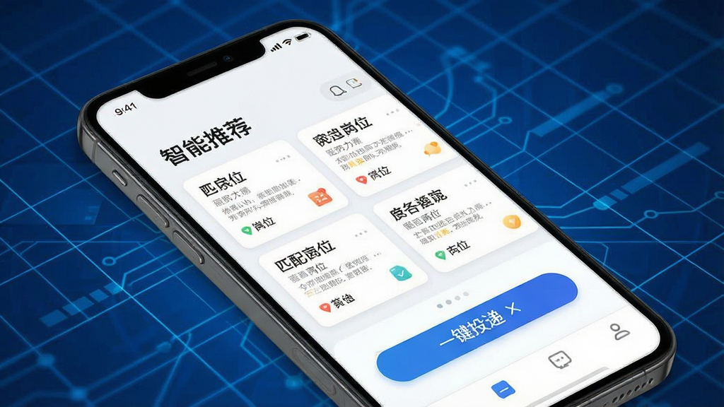 一张展示华辉人力APP智能推荐功能的演示图,主体为手机屏幕,屏幕内显示“智能推荐”专区,包含多个匹配岗位卡片和“一键投递”按钮,背景为科技感蓝色网格,布局合理,风格现代,细节丰富,画质高清,干净无多余元素