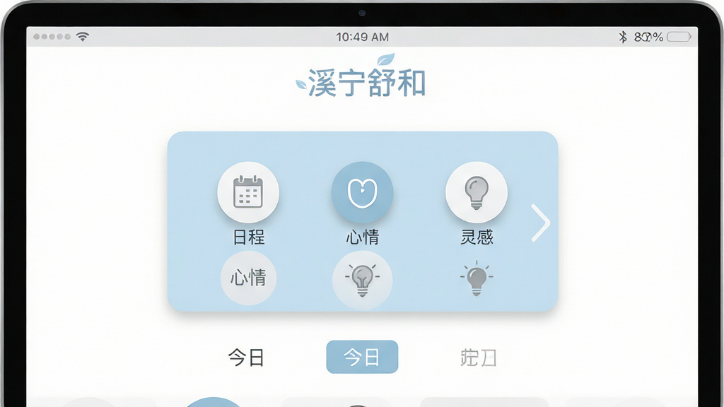 主体:溪宁舒和软件的主界面预览图,展示其简洁优雅的设计风格。布局:屏幕中央显示一个淡蓝色的主功能菜单,包含日程、心情、灵感等圆形图标,下方有“今日”标签页。排版:图标整齐排列,界面留白充足,顶部有“溪宁舒和”字样的柔和Logo。风格:扁平化设计,色彩以白色、淡蓝和浅灰为主,整体给人宁静、舒适的感觉。细节:界面光影柔和,图标带有微妙的阴影,状态栏显示时间。画质:高清,干净,无多余元素。