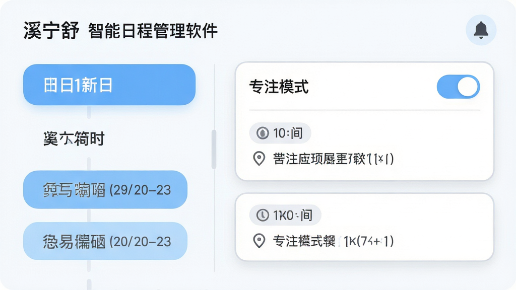主体:溪宁舒和软件的智能日程管理功能界面。布局:左侧是日期列表,右侧是任务详情卡片,卡片上显示“专注模式”开关。排版:信息层次分明,日期用圆角矩形突出,任务卡片有浅灰色边框。风格:清爽的浅蓝与白色搭配,圆角设计。细节:任务卡片上有时间标签和地点图标,界面右上角有一个铃铛图标。画质:高清,干净,无多余元素。