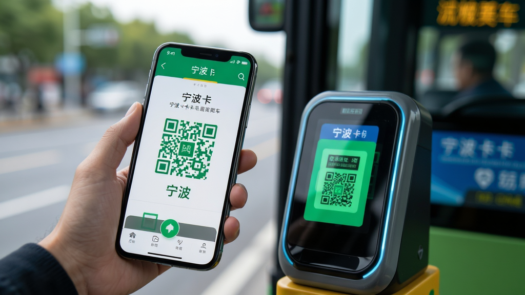 宁波一卡通扫码乘车场景,手机屏幕显示绿色乘车二维码,对准公交车上的扫码器,背景虚化,突出手机与扫码器交互,科技感十足,画质清晰,无多余元素