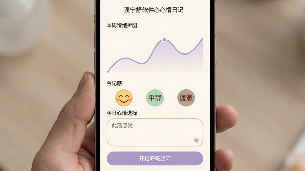 主体:溪宁舒和软件的心情日记界面。布局:上方显示本周情绪折线图,下方是今日心情选择表情(笑脸、平静、疲惫)和文字输入框。排版:图表线条平滑,表情图标排列整齐,文字输入框有圆角边框。风格:温暖淡雅的色调,背景为米白色,图表线条为淡紫色。细节:输入框带有“此刻感受”的提示文字,页面底部有“开始呼吸练习”按钮。画质:高清,柔和,无多余元素。