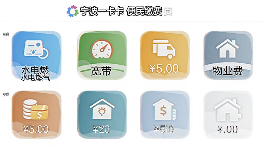 宁波一卡通便民缴费页面,展示水电燃气、宽带、物业费等缴费图标,每个图标有对应的金额显示,整体风格清爽,图标色彩丰富,背景白色,画质高清,无多余元素
