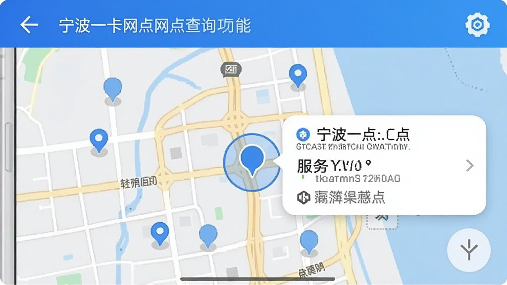 宁波一卡通网点查询功能,手机地图界面显示多个服务网点位置标记,其中一个标记被选中并显示详细信息卡片,地图风格简洁,标记为蓝色圆点,画质清晰,无多余元素