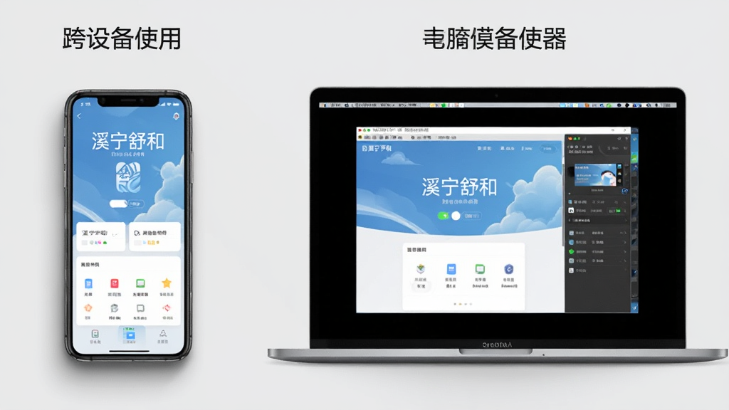 主体:溪宁舒和软件在手机和电脑模拟器上运行的对比图。布局:左侧是一部手机,右侧是一台笔记本电脑屏幕,屏幕中显示模拟器窗口。排版:两者并排,背景为浅灰色。风格:写实风格,设备带有阴影。细节:手机和电脑屏幕上都清晰显示“溪宁舒和”的主界面,突出“跨设备使用”的特点。画质:高清,干净,无多余元素。
