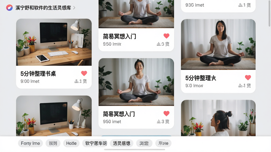主体:溪宁舒和软件的生活灵感库界面。布局:瀑布流展示卡片,每张卡片上有图片和标题,如“5分钟整理书桌”、“简易冥想入门”。排版:卡片大小不一,错落有致,背景为淡灰色。风格:杂志化排版,图片色彩鲜明,标题字体清晰。细节:卡片带有收藏爱心图标和浏览数,界面底部有分类标签。画质:高清,无多余元素。