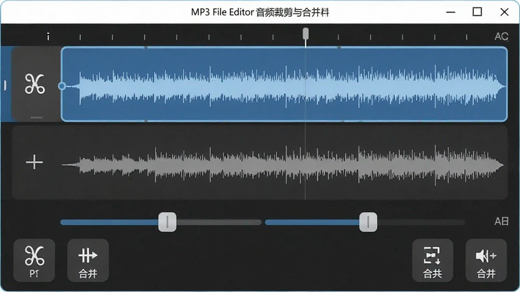 展示MP3 File Editor音频裁剪与合并功能的操作界面,界面上有两条音频轨道,其中一条被选中并高亮显示,时间轴上有两个可拖动的滑块,周围有剪切、合并等按钮图标,整体风格清晰直观,画质干净,无多余元素。