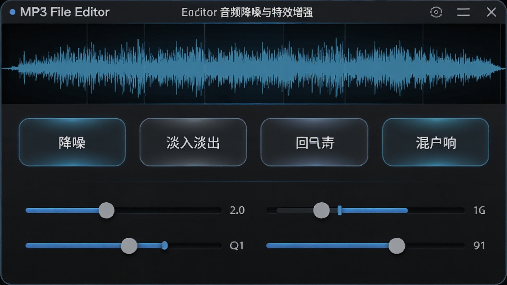 展示MP3 File Editor音频降噪与特效增强功能的面板,界面中有多个特效选项按钮,如降噪、淡入淡出、回声、混响等,下方是参数调节滑块,背景是音频波形图,整体风格科技感强,画质干净,无多余元素。