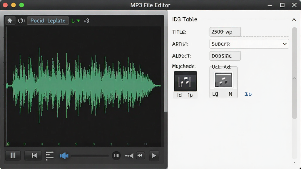 展示MP3 File Editor内置录音与标签编辑功能的界面,界面左侧是录音波形显示区域,右侧是ID3标签编辑表单,包含标题、艺术家、专辑、封面图片上传等字段,整体风格简洁,画质干净,无多余元素。