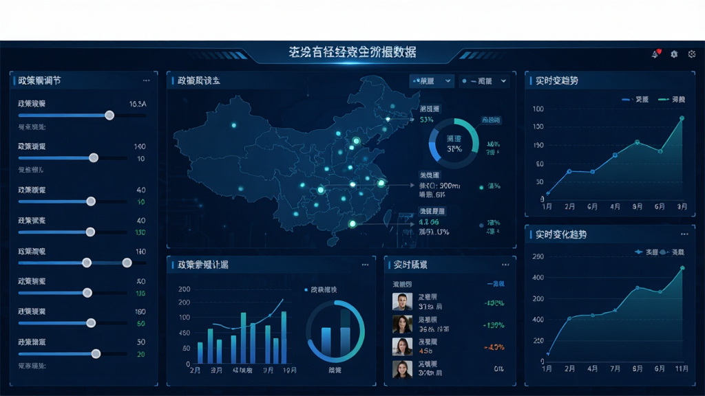一张展示Policy Simulation软件主界面的宽屏截图,画面中央是一个动态的社会经济数据仪表盘,左侧是政策参数调节滑杆,右侧是实时变化的趋势图表,整体采用深蓝色科技感UI设计,界面布局清晰,数据可视化图表精致,画质高清,干净无多余元素