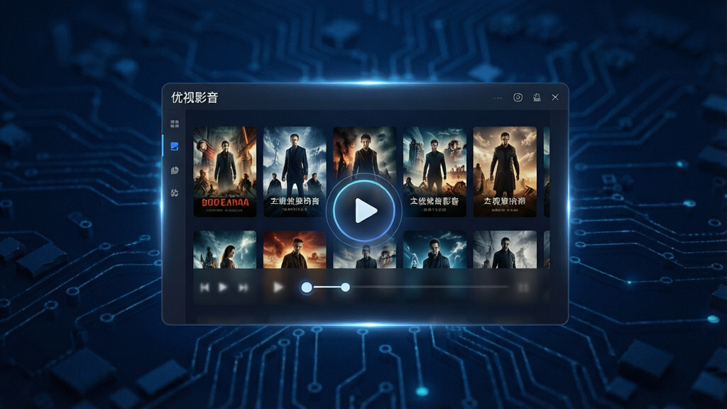 一张现代简约风格的宽幅宣传海报,主体为“优视影音”软件界面悬浮于深蓝色科技感背景之上,界面内展示高清电影海报墙与播放按钮图标,布局采用居中对称式排版,整体风格商务大气,细节处带有光效渲染与微颗粒质感,画质细腻干净,无多余文字元素