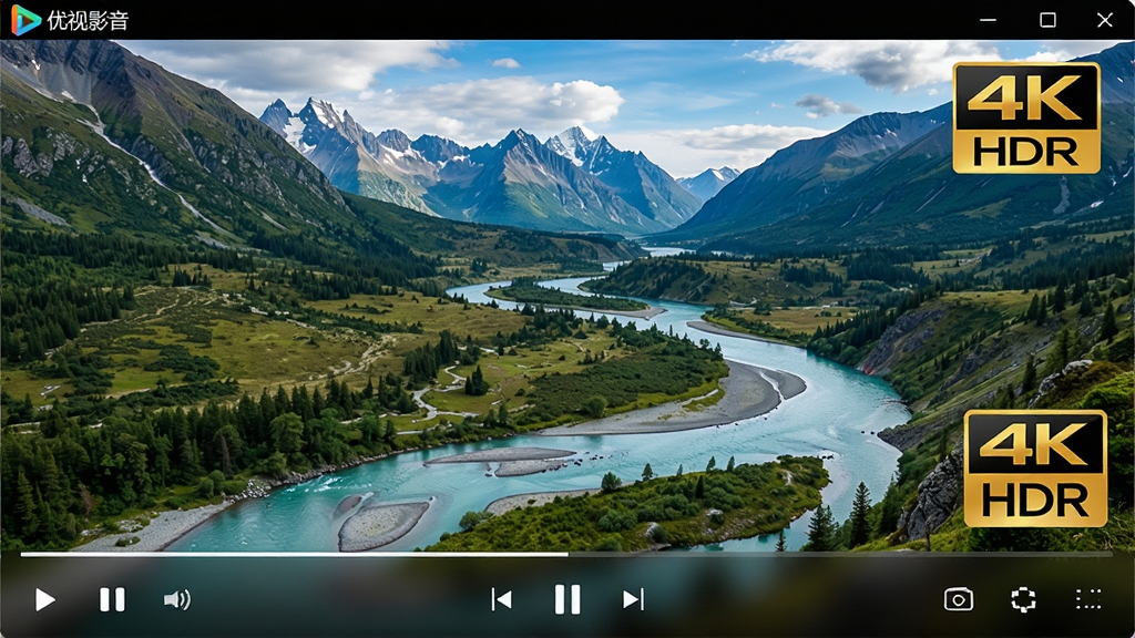 一张“优视影音”软件播放器界面的特写图,主体为正在播放高清自然纪录片的画面,画面中展示清晰的山脉与河流细节,播放器下方控制栏半透明化设计,布局为16:9宽屏比例,风格写实且色彩饱满,细节处展现画质对比字样“4K HDR”,画质锐利干净,无多余UI元素