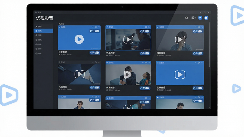 一张“优视影音”软件资源搜索功能的效果图,主体为电脑屏幕上显示的多窗口资源列表,每个窗口封面各不相同,布局采用瀑布流式排列,风格扁平化设计,主色调为深灰与蓝色高亮混合,细节处有“秒开播放”字样标签,画质清晰干净,无多余装饰元素