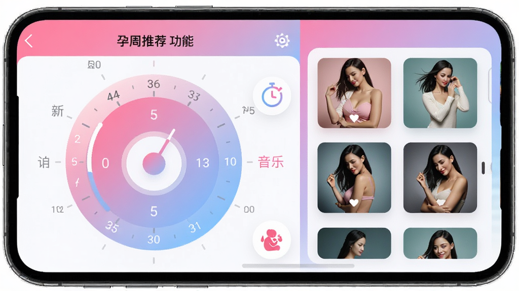 图片主体为手机App的“孕周推荐”功能页面,屏幕中显示一个孕周选择转盘和对应的音乐卡片。布局采用左右分栏,左侧为孕周刻度,右侧为歌曲封面缩略图。风格现代简洁,配色粉蓝渐变,细节包括进度条、定时器图标、胎动记录小图标,画质高清,干净无多余元素。